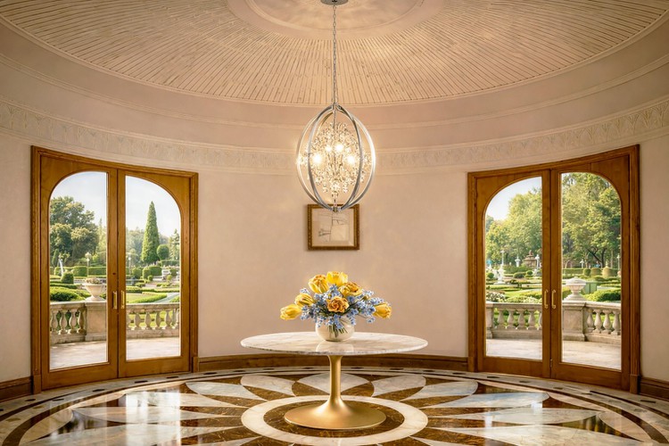 The elliptical chandelier is in the foyer The elliptical chandelier is in the foyer